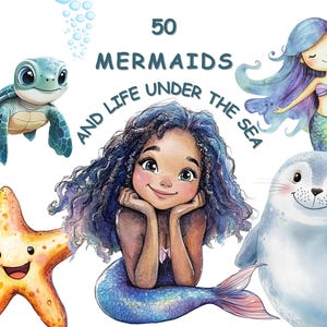Bundle de cliparts sirène, sirènes aquarelles et images PNG sous la mer, hippocampe, dauphin, tortue, licence commerciale,