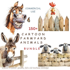 Clipart BUNDLE Bauernhof Tiere, 150+ Aquarell Bilder von Cartoon Eseln Kühen Schafen Schweinen Hühnern transparentem Hintergrund, kommerzielle Nutzung.