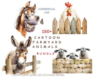 May include: A digital illustration bundle of 150+ cartoon farmyard animals. The image shows a horse, donkey, chicken, and sheep. The text "COMMERCIAL USE" and "150+ CARTOON FARMYARD ANIMALS BUNDLE" is included in the image. The image is 3,600 x 3,600 pixels, (12 x 12 inches) 300dpi.