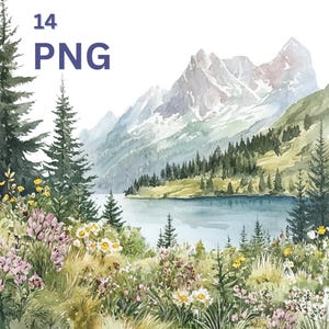 Berg Wiese Clipart, Aquarell Landschaft PNG Wildblumen Felder für die Kartenherstellung, Scrapbooking, Junk Journals, kommerzielle Projekte,