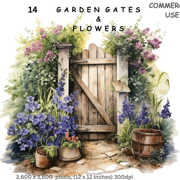 Garden Gate and Flowers Clipart, 14 High Quality Transparent Background PNG Botanical Images, Commercial Use, Drop Shipping, Card Making