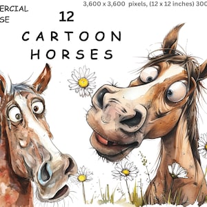 Clipart Caballo, 12 imágenes PNG en acuarela de dibujos animados de caballitos y ponis, animales de granja, fondo transparente, uso comercial.