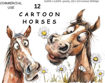 Clipart Horse, 12 PNG Watercolour Images of Cartoon Horsies and Ponies, Farmyard Animals, Transparent Background, Commercial Use.