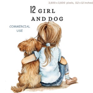 Clipart meisje en hond 12 aquarel png-afbeeldingen Cartoon kinderen transparante achtergrond Commercieel gebruik kaarten maken Junk Journal Sublimatie