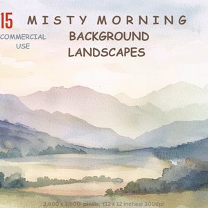 Imágenes prediseñadas de paisajes, 15 fondos PNG, impresiones de acuarela pastel, mañanas brumosas, álbumes de recortes, fabricación de tarjetas, uso comercial.