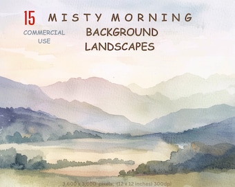 Clipart Wallpaper Landscapes 15 PNG Background Prints Pastel Watercolour Images Misty Mornings Scrapbooking Card Making Commercial Use.