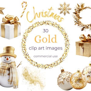 ClipArt di Natale in oro, 30 clipart di Natale PNG con sfondo trasparente di alta qualità, download istantaneo per uso commerciale.