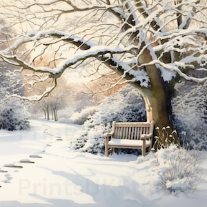 Imágenes prediseñadas de jardín de invierno, 20 PNG de alta calidad, descarga digital de imágenes de acuarela de escenas navideñas nevadas, licencia comercial gratuita.