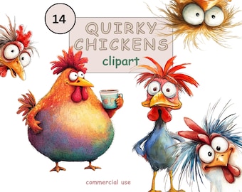 May include: A set of 14 quirky cartoon chicken illustrations. The chickens are drawn in a watercolor style and have expressive faces. The text "Quirky Chickens clipart" is written in a pink banner above the chickens. The text "commercial use" is written in a pink banner below the chickens.
