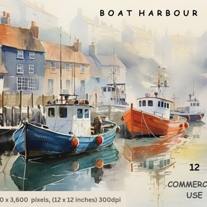 Bootshafen Clipart, 12 hochwertige PNG Aquarellbilder von Fischerbooten im Hafen, kostenlose kommerzielle Lizenz.