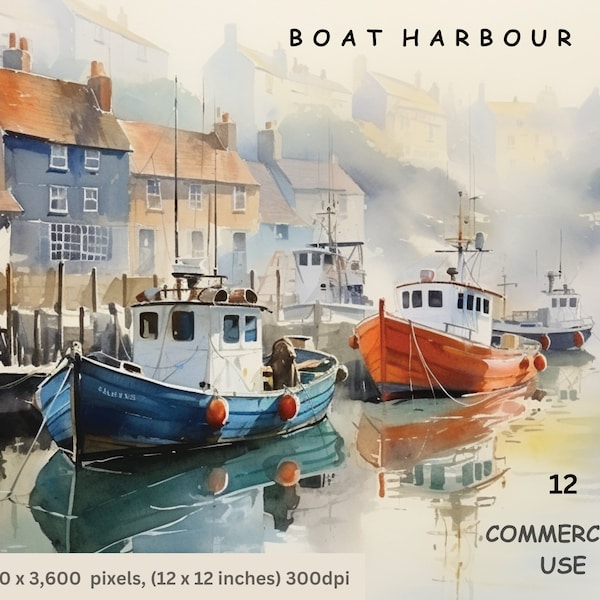 Boat Harbour Clipart, 12 High Quality PNG Watercolour Images of Fishing Boats in a Seaside Harbour, Free Commercial Licence.