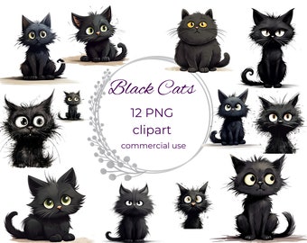 Black Cat Clip Art, 12 High Quality Transparent Background PNG, Digital Download, Commercial Use, Art Craft Supplies