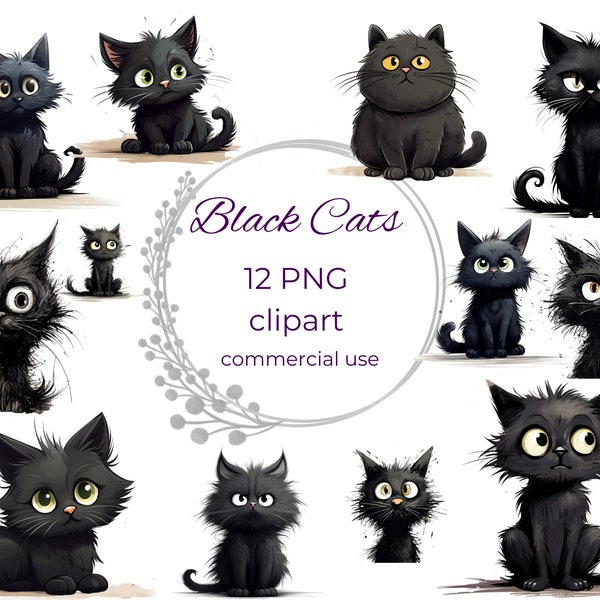 Clipart chat noir, 12 fond transparent de haute qualité PNG, téléchargement numérique, usage commercial, fournitures pour créations artistiques