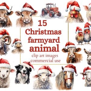 Christmas Farmyard Animals, 15 High Quality Transparent Background PNG Christmas Clipart, Instant Download for Commercial Use.