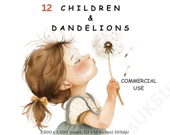 Clipart Children and Dandelions, 12 Watercolour Images of Cartoon Boys, Girls and Dandelions, Transparent Background, Commercial Use.