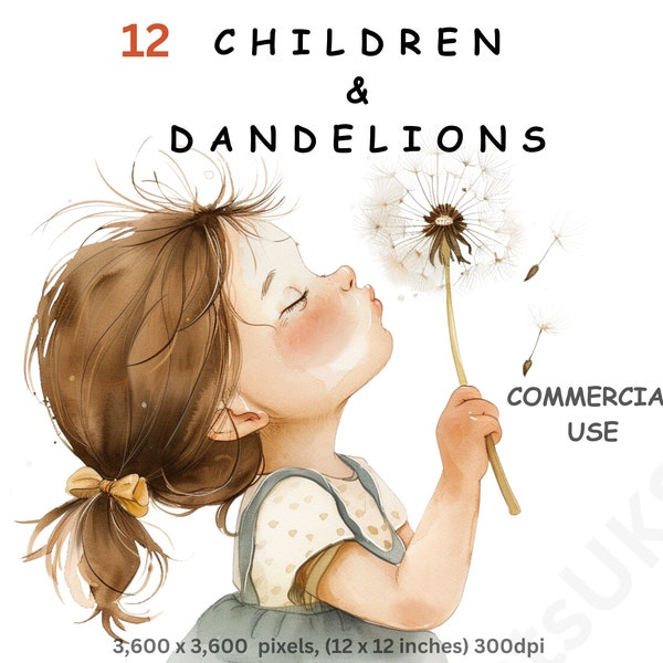 Clipart Kinder und Löwenzahn, 12 Aquarellbilder von Cartoon-Jungen, Mädchen und Löwenzahn, transparenter Hintergrund, kommerzielle Nutzung.