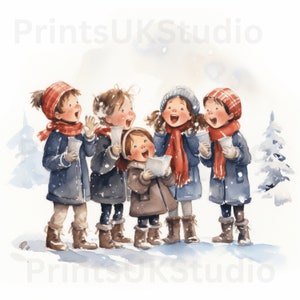 Imágenes prediseñadas navideñas en acuarela, 12 imágenes PNG de alta calidad de niños jugando en la nieve, descarga instantánea para uso comercial