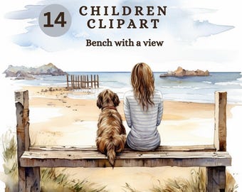 Children Clipart and Bench with a View, 14 Watercolour Images, Boy, Girl and Dog, Digital Stickers , Commercial Use, handmade cards,