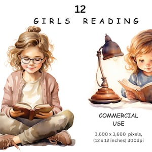 Clipart de niña leyendo un libro, 12 imágenes PNG de acuarela con fondo transparente de un niño ratón de biblioteca, uso comercial, fabricación de tarjetas, envío directo
