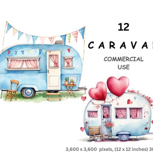 Caravana Clipart, 12 imágenes de acuarela de caravanas antiguas, PNG digital con fondo transparente, uso comercial.