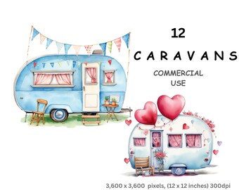 May include: A set of 12 watercolor illustrations of blue and white caravans with red hearts, flowers, and bunting. The text "12 CARAVANS COMMERCIAL USE" is written in black at the top of the image. The image is 3,600 x 3,600 pixels, (12 x 12 inches) 300dpi.