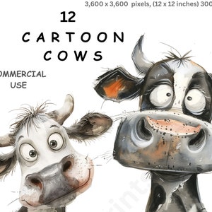 Vaca clipart, 12 imágenes PNG en acuarela de vacas de dibujos animados, animales de granja, fondo transparente, uso comercial.