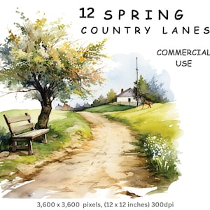 Clipart de Spring Country Lane, 12 imagens em aquarela de fundo transparente PNG de alta qualidade de campo na primavera, licença comercial.