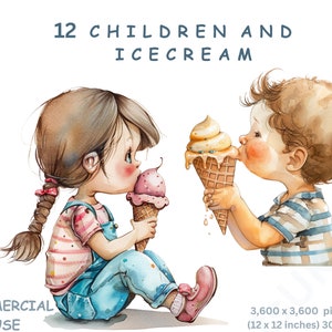 Clipart Niños y helado, 12 imágenes PNG de acuarela de dibujos animados de niños y niñas, fondo transparente, uso comercial, fabricación de tarjetas