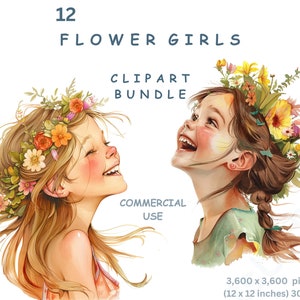Flower Girl Clipart, 12 PNG Watercolour Images of Cartoon Girls, Flowers in their Hair, Transparent Background Commercial Use, Card Making