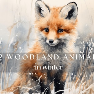 Waldtiere im Winter, 12 hochwertige PNG Clipart Digital Download-Bilder, verschneite Weihnachtsszenen, kostenlose kommerzielle Lizenz.