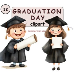 Pacote de clipart de formatura, último dia de escola para crianças, diploma, imagens em aquarela, desenhos animados para meninos e meninas, fundo transparente, uso comercial