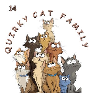 Bundle de clipart famille chat original, 14 images PNG de fond TRANSPARENT à l'aquarelle de chats chatons chattes, chemises de thé dessins fabrication de cartes