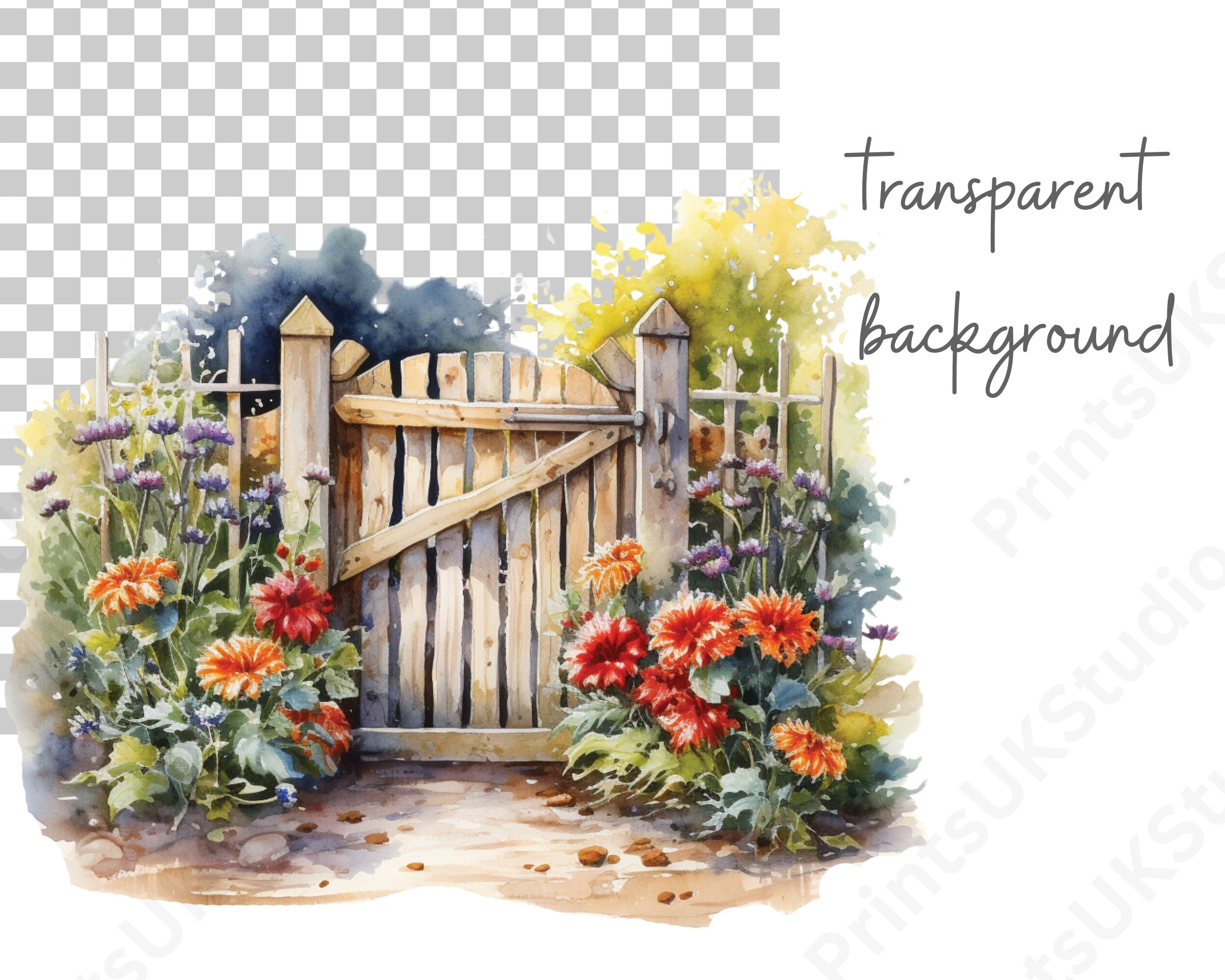 Garden Gate and Flowers Clipart, 14 High Quality Transparent Background ...