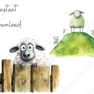 Clipart Sheep, 12 Watercolour Images of Cartoon Sheep and Spring Lambs Digital PNG with a Transparent Background, Commercial Use.