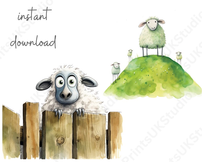Clipart Sheep, 12 Watercolour Images of Cartoon Sheep and Spring Lambs Digital PNG with a Transparent Background, Commercial Use.