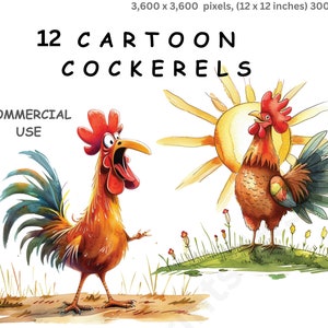 Imágenes prediseñadas de gallos, 12 imágenes en acuarela de dibujos animados de animales de granja de gallos, PNG digital con fondo transparente, uso comercial.