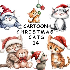 Cartoon Christmas Cat Clipart Bundle, 14 PNG Designs Transparent Background, Quirky Festive Graphics Card Making Sublimation Commercial Use.