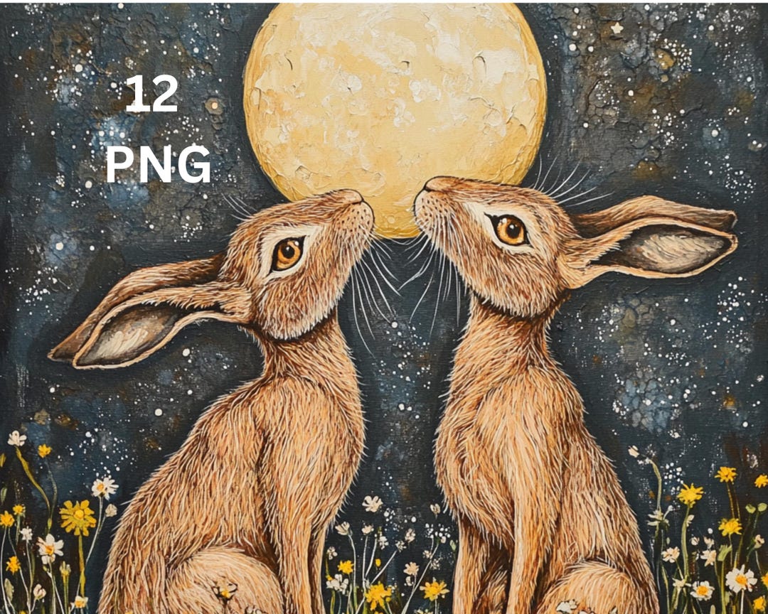 Moon Gazing Hare Clipart, 12 Pagan Folk Art PNG Images, Celestial Boho ...