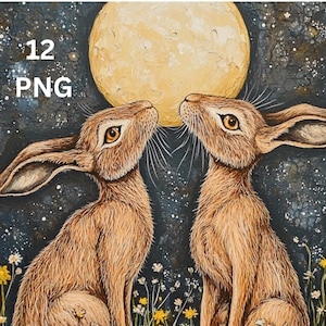 Clipart lièvre regardant la lune, 12 images PNG d'art folklorique païen, illustrations d'animaux de la forêt bohème céleste pour le scrapbooking, fabrication de cartes, T.shirt