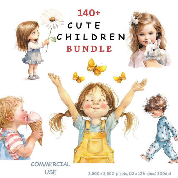Cute Children Clipart Bundle, 140+ Watercolour Images of Cartoon Boys and Girls, Transparent Background, Commercial Use.