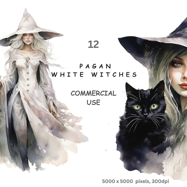 Pagan White Witch, 12 High Quality PNG Transparent Background Watercolour Clipart Images for Commercial Use.