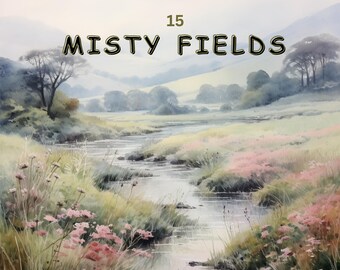 Clipart Watercolor Landscapes, 15 PNG Instant Download Background Images of Misty Fields for Scrapbooking Card Making Crafting Junk Journal