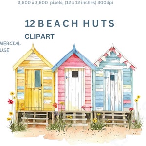 Cabaña de playa Clipart, 12 imágenes PNG de acuarela de cabañas de playa junto al mar, fondo transparente, uso comercial.