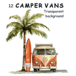 Clipart camping-car, 12 images aquarelles, PNG avec un fond transparent, usage commercial, scrapbooking, fabrication de cartes, conception de chemise de thé