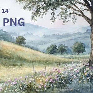 Clipart Landschaftsbilder, 14 PNG Aquarell Wiesen, Felder und Wildblumen für die Kartenherstellung, Scrapbooking, Journals, Print on Demand