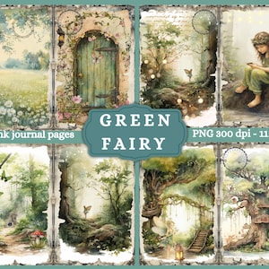 8 pages de journal féerique verte, papiers peints pour album éphémères Fairy Garden, papier imprimable, collage numérique, collage numérique de pages de printemps