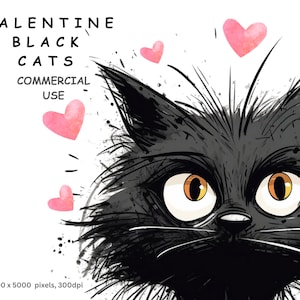 Clipart chat noir, 12 images d'arrière-plan transparent de haute qualité de coeurs et de chats noirs de la Saint-Valentin, usage commercial.