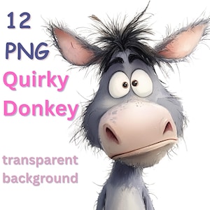 Clipart di asino eccentrico, 12 immagini ad acquerello di asini dei cartoni animati, sfondo trasparente PNG, scrapbooking, diari spazzatura, creazione di biglietti