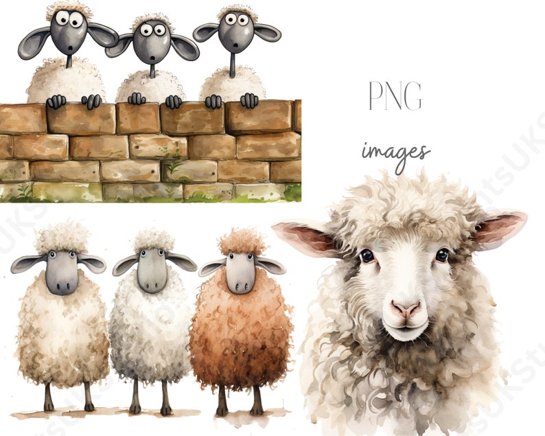 Clipart Sheep, 12 Watercolour Images of Cartoon Sheep and Spring Lambs Digital PNG with a Transparent Background, Commercial Use.