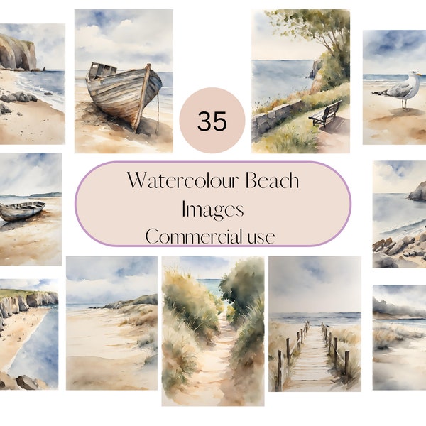 Beach Scene Clip Art Images, 35 High Quality PNG Prints, Ocean and Seaside Digital Download Clip Art, Free Commercial Licence.